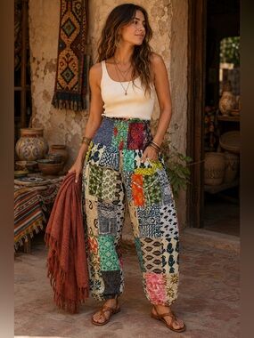Kantha Patchwork Harem Pants Smocked Waist Boho Cotton Jogger Hippie Gypsy
